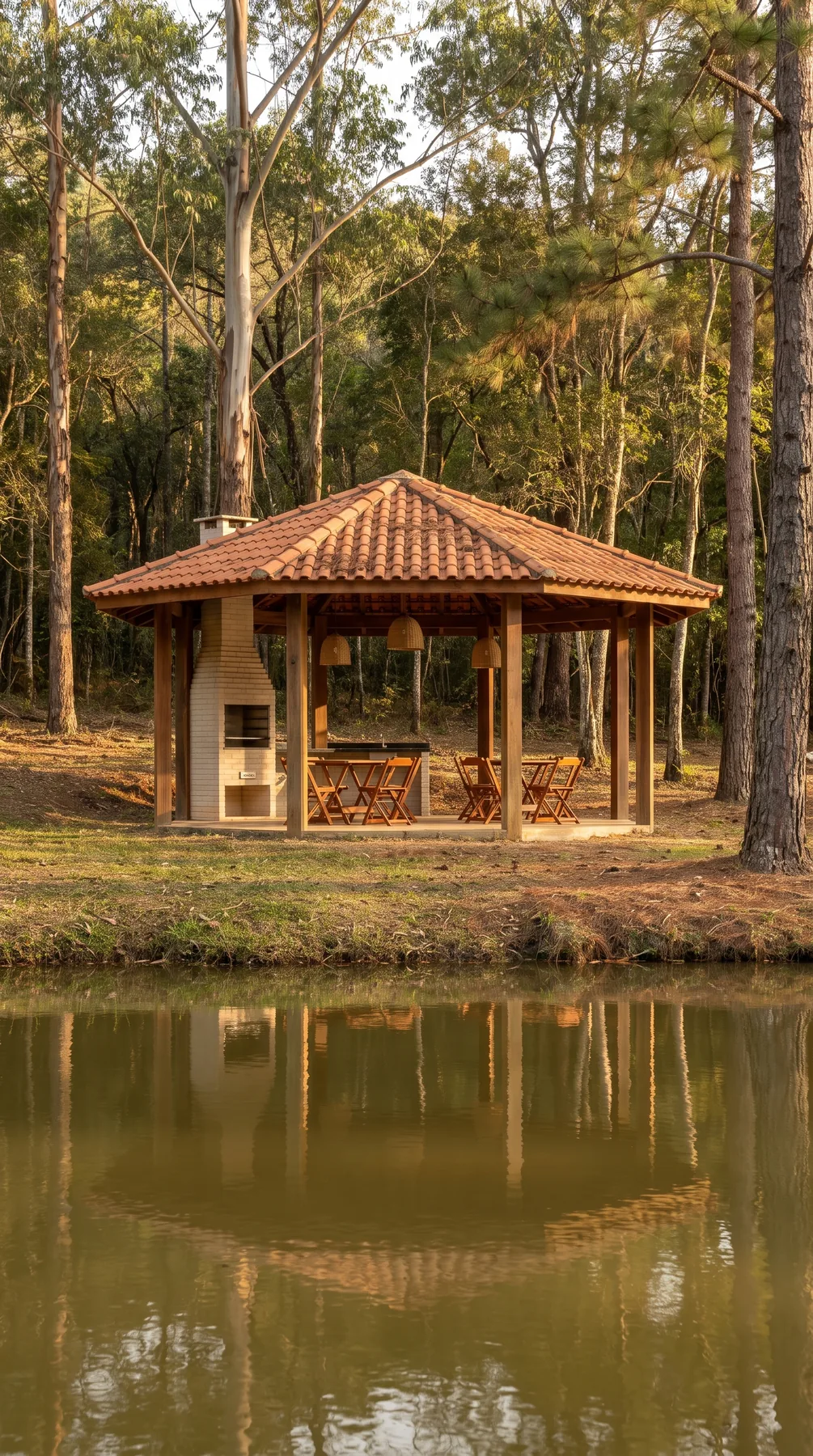 Quiosque e lago em meio aos eucaliptos