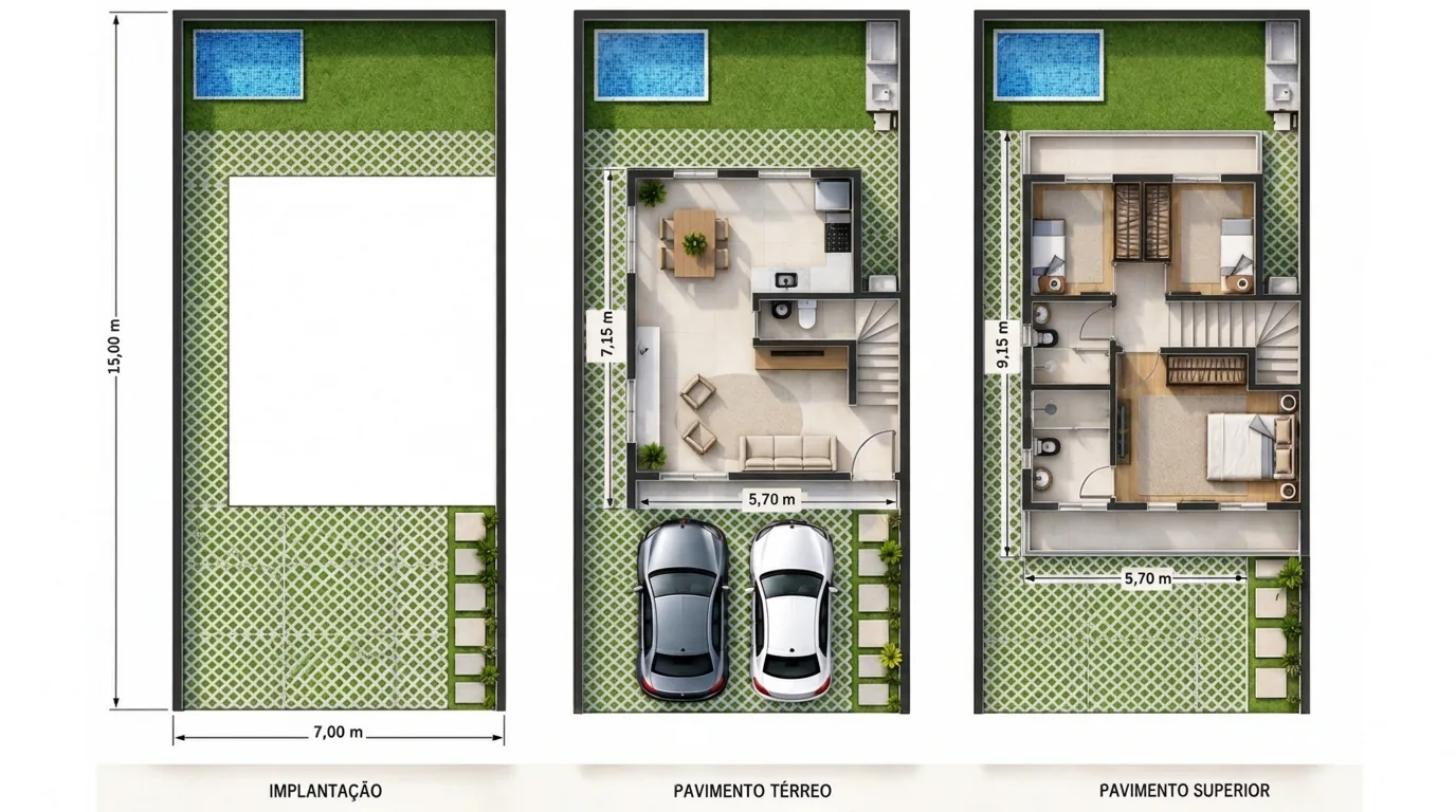 Planta preliminar de três dormitórios